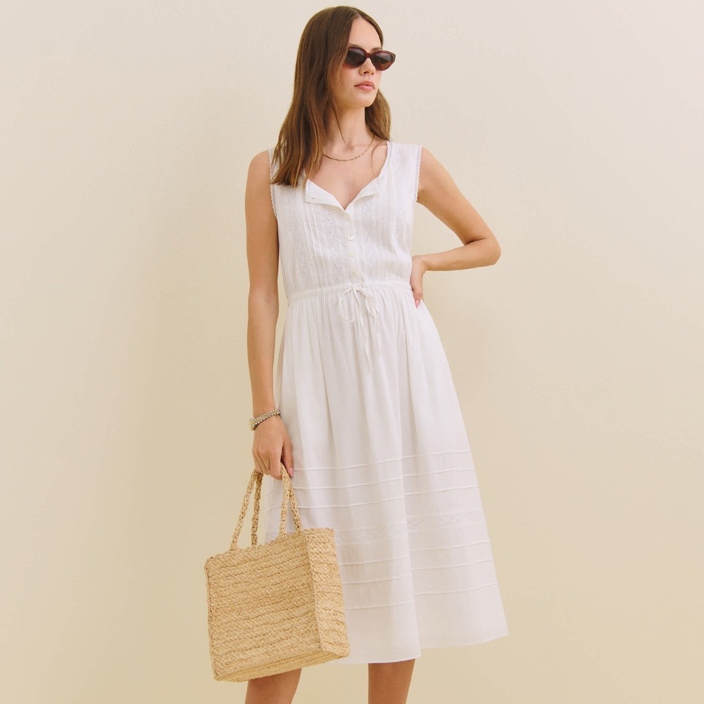 Reformation | Lonnie Embroidered Lace Cotton Blend Midi Dress in White | Size 0